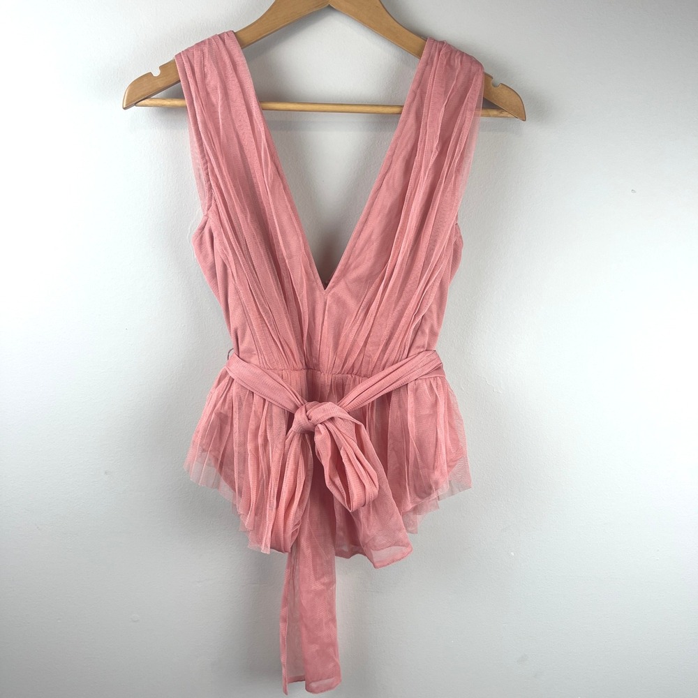 2/$30 New wit Anaya with Love Pink Deep V Sleeveless Gathered Tulle Blouse Small